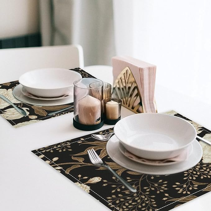 Black Gold Floral Placemats Set of 6, 17x12 Inch Abstract Vintage Rustic Flower Botanical Aesthetic Art Print Table Mats for Home Party Kitchen Dining Decor