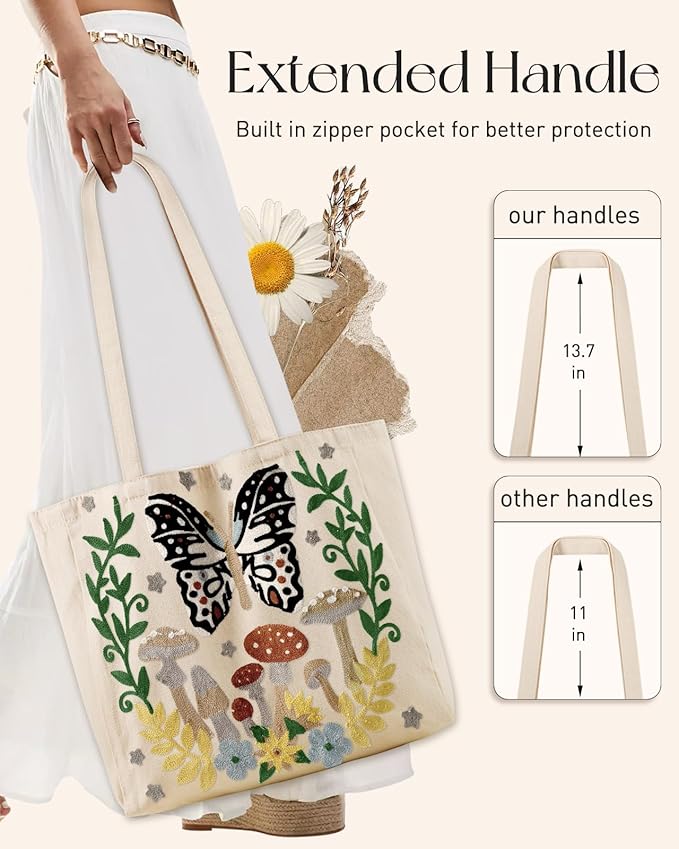 Aesthetic Embroidery Tote Bag for Women - Reusable Canvas Cute Shoulder Bag for Shopping, Grocery, Work, Book