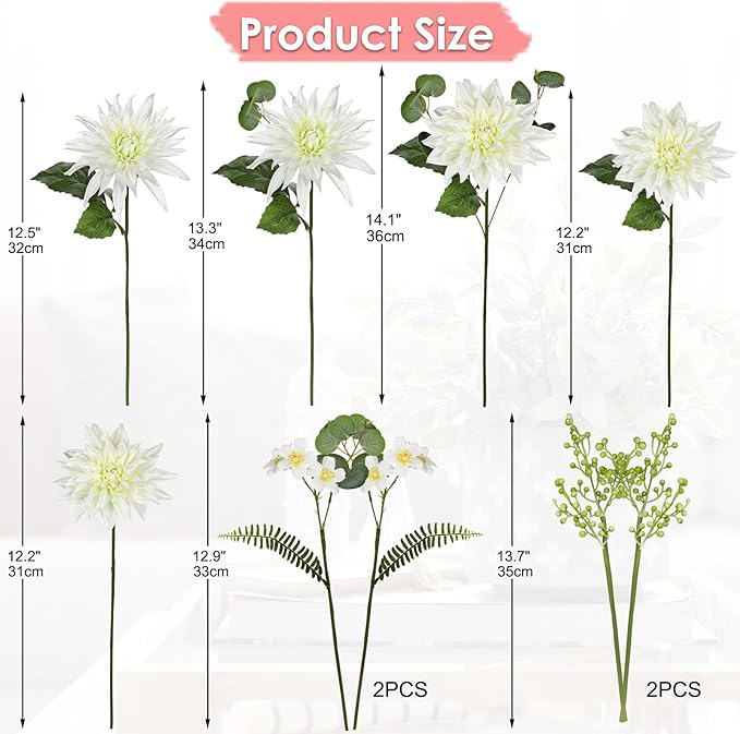 Dahlia Artificial Flowers 9PCS Fake White Flowers Realistic Dahlia Daisies Silk Flower Arrangements Faux Flowers for Vase Floral Centerpiece Arrangements Wedding DIY Bridal Bouquet Party Home Decor