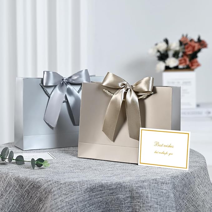 JMANNI Gift Bags, Medium Gift Bags for Presents with Bow Ribbon, Party Bags with Handles 4 Tissue Papers and 2 Cards for Weddings, Birthday, Party, Celebration, Christmas(Brown-Silver 2Pcs)