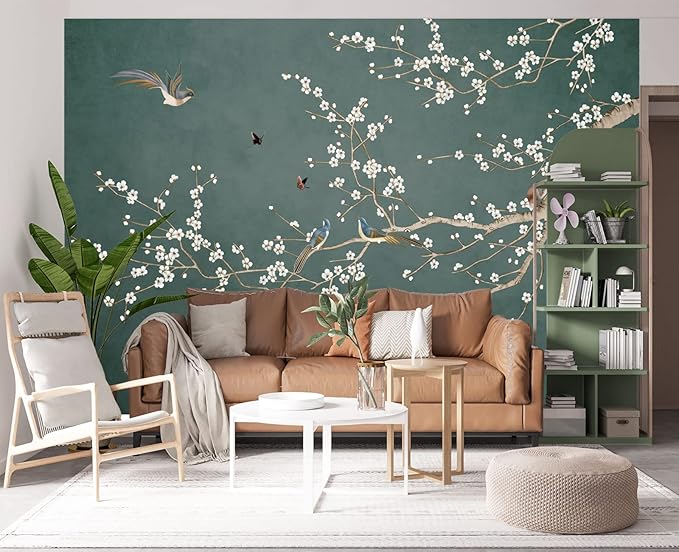 Plum Blossom Flower Bird Chinoiserie Wall Mural Wallpaper for Bedroom 137" x 100"