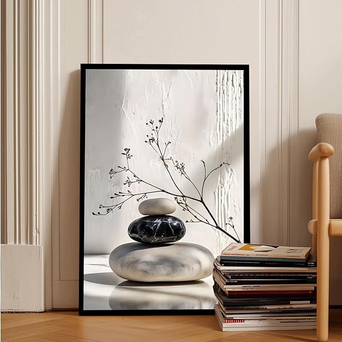 Gray and black stone pile and dried flowers poster canvas wall art in harmony Minimalist wall art for tranquil homes and mindful spaces 24x36in Metal blackFramed