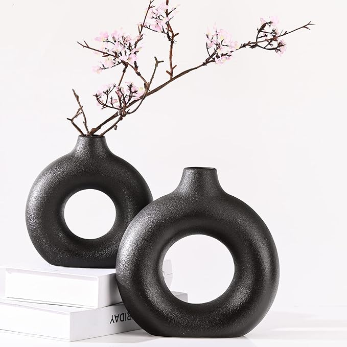 Black Vase Decor Donut Vase Set of 2 - Circle Hollow Vases, Modern Matte Ceramic Vases for Entryway Living Room Bedroom Dining Table Centerpiece Office Home Decor