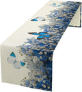 Butterfly Floral Table Runner, Blue White Hydrangea Flowers Bloom Spring Garden Theme Table Runner for Kitchen Dining Holiday Party Wedding, 13x120 Inch