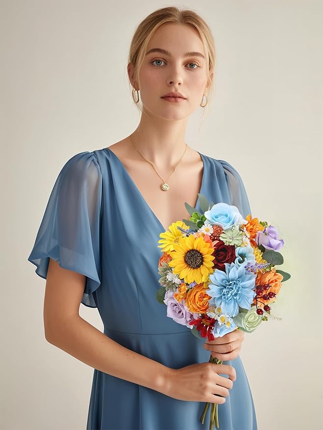 Multi Use Rainbow Colorful Artificial Flowers Combo, Fake Roses Silk Sunflower with Stems for DIY Bridal Wedding Bouquets Baby Shower Floral Arrangements Centerpiece Party Home Decorations (Rainbow2)