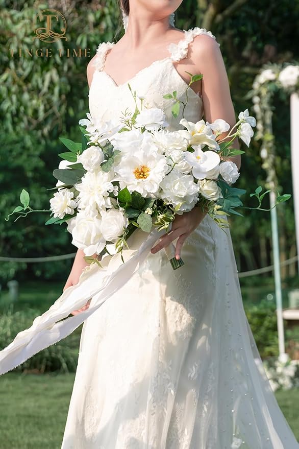 TINGE TIME 13 Inch Wedding Bouquets for Bride,Bridal Bouquet for Bride, Artificial Silk Flowers for Wedding Ceremony and Anniversary (IvoryWhite)
