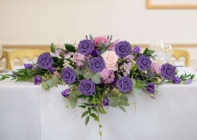 Purple Roses 50PCS Artificial Foam Flowers with Stems Fake Roses Real Looking Purple Flowers for Bridal Shower Centerpieces Wedding Bouquet Table Decorations for Party (Purple)