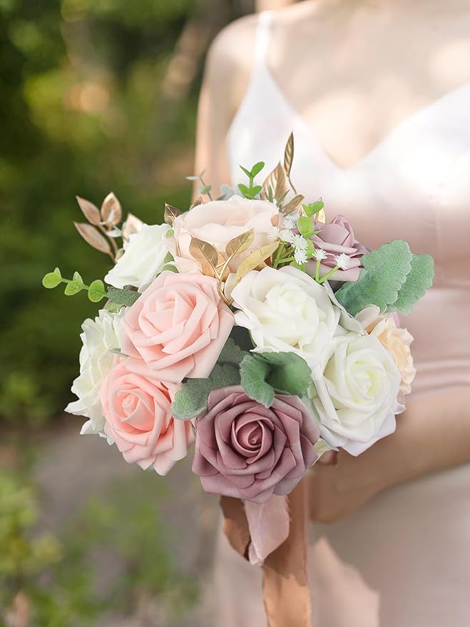 Rinlong 1Pc Dusty Pink Bridesmaids Bouquet Artificial Wedding Bouquets for Bridesmaid Silk Bouquet for Homecoming Prom