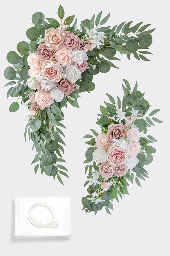 ponatia Wedding Arch Flowers with 26Ft Arch Fabric, Artificial Dusty Rose Wedding Flower for Welcome Signs Decorations for Wedding Ceremony Reception (Dusty Rose & Blush)