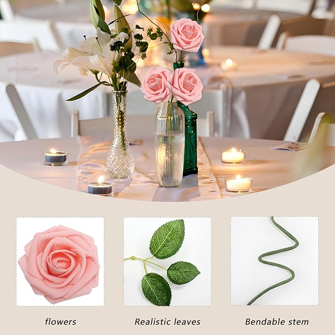 200PCS Artificial Flowers Pink Roses Real Looking Foam Fake Roses with Leaves for DIY Wedding Bouquets Bridal Shower Party Decorations (Pink, 200)
