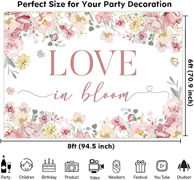 Sensfun Love in Bloom Bridal Shower Decorations Backdrop Rose Pink Wildflower Wedding Shower Background Boho Floral Engagement Banner Wedding Bachelorette Party Decorations Supplies 8x6ft