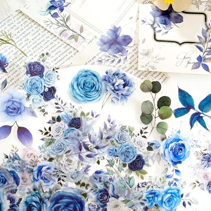 100 Pcs Blue Flower Stickers, Wildflower Stickers for Scrapbooking Junk Journal Card Making Collage Notebook Diary Planner Letter Envelope Water Bottle Phone Case Craft Decoration (Blue)