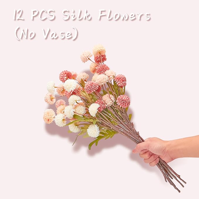 ZMTECH 12pcs Artificial Flowers for Vase, Silk Flowers for Kitchen Table Centerpiece Home Decor, Fake Flower with Faux Kiku Flowers Artificial 10 Stems + Eucalyptus (No Vase)