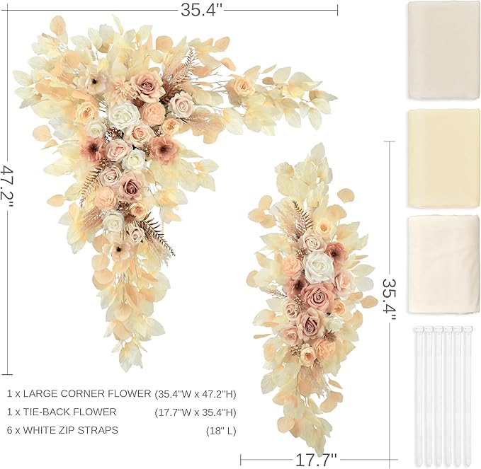 Wedding Arch Flowers Kit Pack of 5,2pcs Boho Artificial Floral Swag Arrangement and 3pcs Fabric Drap for Wedding Flower Arch Decor Ceremony Arbor Reception (Beige)