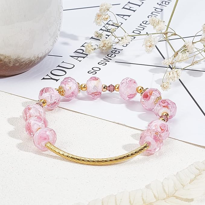 PH PandaHall 45pcs 11~12mm Pink Rose Lampwork Glass Beads Silver Foil Glass Flower Beads Floral Handmade Lampwork Bead with 1.6~2mm Hole Round Loose Bead for Rosary Making Jewelry Craft Making