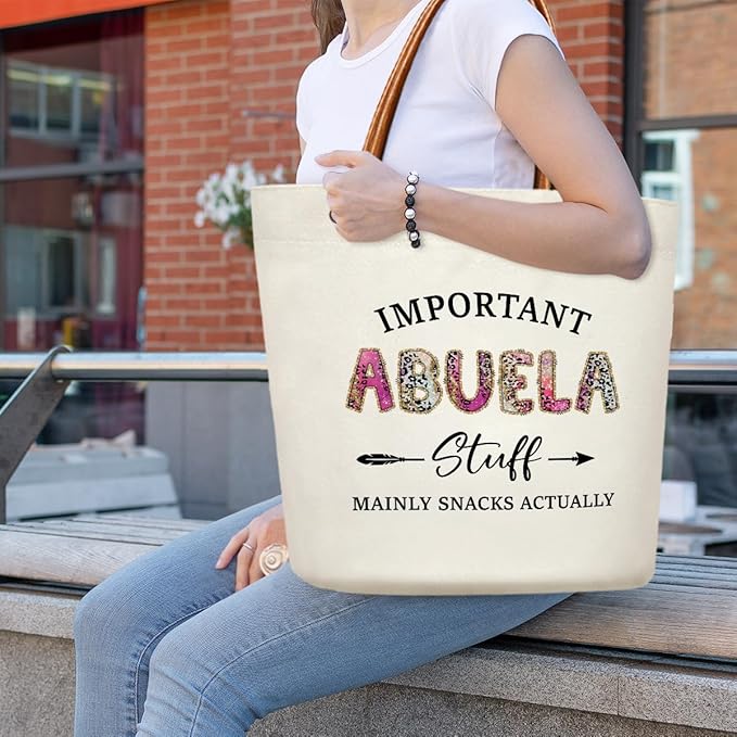 Canvas Tote Bag for Women, Important Stuff Bag with Leather Handle, Reusable Grocery Bags for Shopping Beach Travel