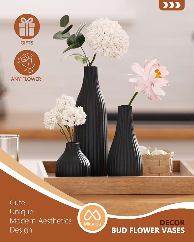 Decorative Flower Vase Set of 3 - Modern Boho Style Black Vases, Ribbed Textures Ceramic Vase for Home Decor Shelf Bookshelf Mantle TV Stand Entryway Console, Dining Table Centerpiece Decor