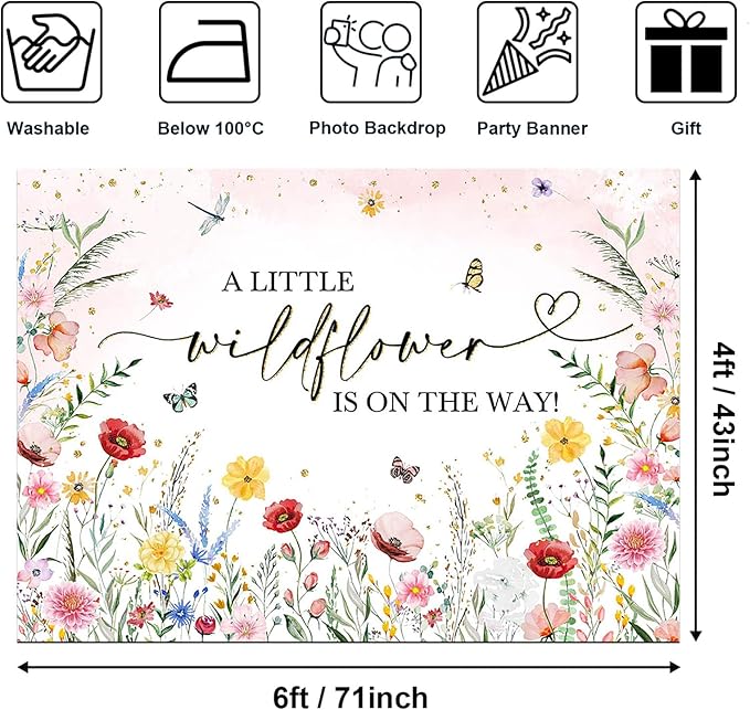 Avezano Wildflower Baby Shower Backdrop Watercolor A Little Wildflower is On The Way Baby Shower Party Decorations Girl Banner Photoshoot Props 6 x 4 ft