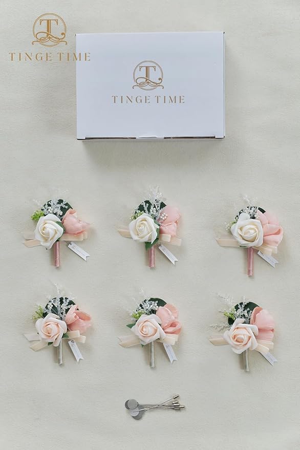 TINGE TIME Boutonniere for Men Wedding,Groom and Best Man Boutonniere for Wedding Ceremony Anniversary, Formal Dinner Party and Rustic Spring Wedding Marriage (6, Champange&Pink)