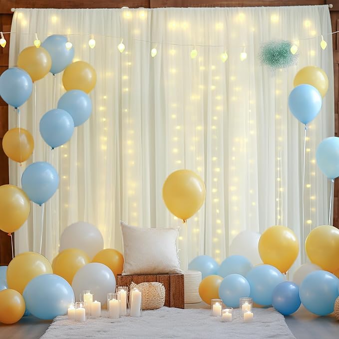 20ft x 10ft Ivory Backdrop Curtain with Lights String for Parties, Sheer Tulle Wedding Photo Backdrops Drapes for Baby Shower Birthday Party Decorations Background for Photography
