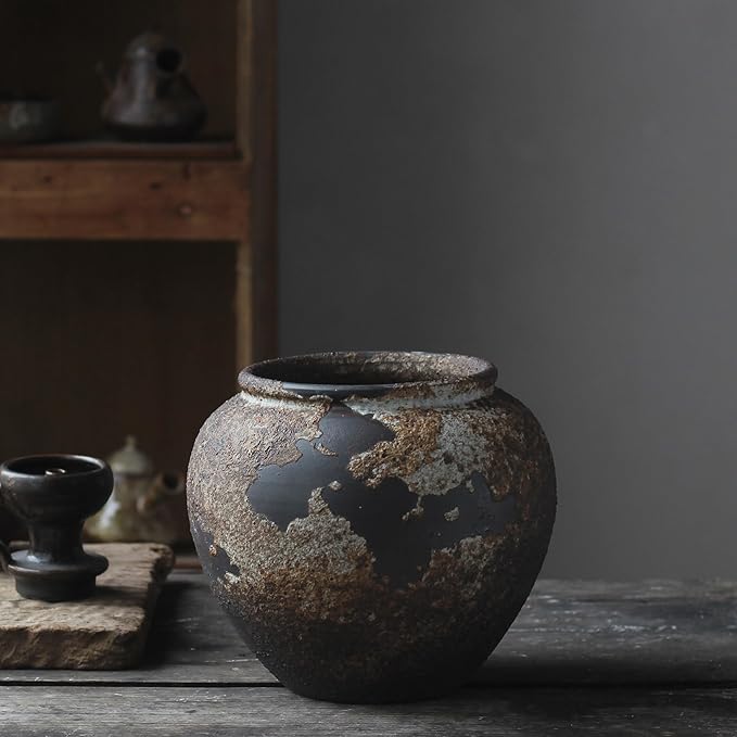 Denique Rustic Vase for Home Decor, Farmhouse Terracotta Vases, Large Ceramic Vase for Living Room Decor, Black Pottery Vase Large Clay Vase, Rustic Farmhouse Tabletop Decor(A-20cm)