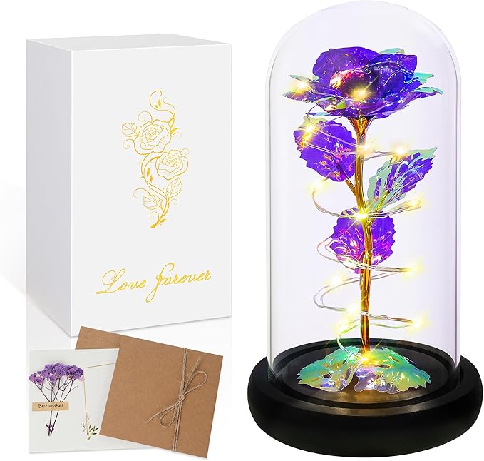 Childom Christmas Rose Gifts for Women,Birthday Gifts for Women Mom Christmas,Flowers for Delivery Prime,Purple Light Up Rose in A Glass Dome,Anniversary Rose Gift for Her Grandma Valentines Day