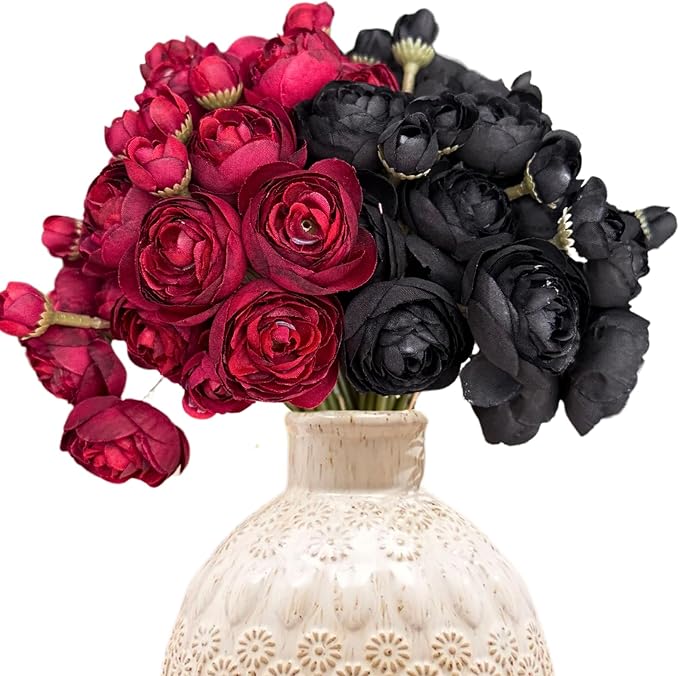 ASTRYAS 24Pcs Black Red Ranunculus Artificial Flowers, Silk Fake Ranunculus Wedding Bouquet for Halloween Home Decor Floral Arrangement Table Centerpieces(Red, Black)