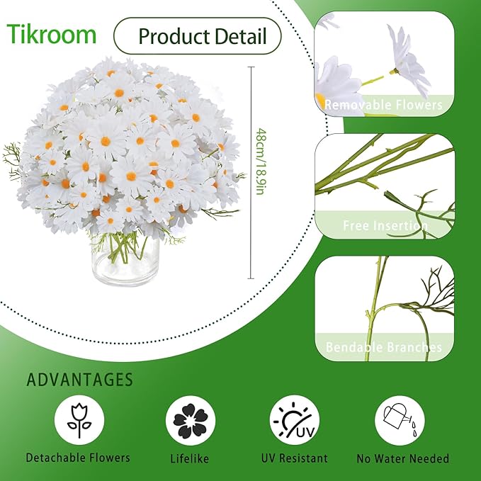 Artificial Daisy Flowers 18" White UV Resistant Outdoor Fake Flowers Faux Daisies with Stems for Home Garden Wedding Vase Decor Silk Wildflowers 8 Bundles