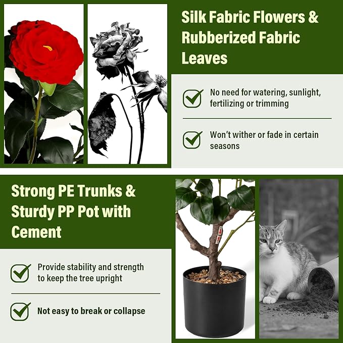 Artificial Camellia Tree,2Pack 3.2FT Faux Red Camellia Plants in Pots,Lifelike Artificial Flower Trees for Indoor Outdoor Home Decor,Realistic Blooming Faux Plants for Living Room Porch Patio Office