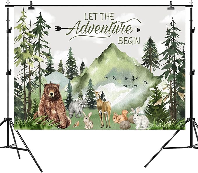 8x6ft Baby Shower Backdrop Mountain Forest Wild Animal Photography Background Cartoon Bear Woodland Green Trees White Cloud Birthday Party Banner Decorations Gender Reveal Photo Booth Prop