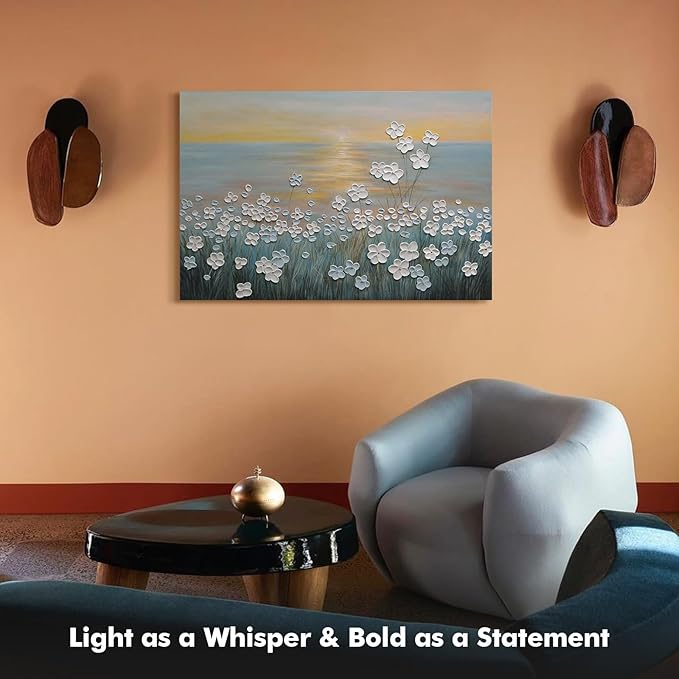 JUHOME Vintage Hand-Painted Thick Texture 3D White Flowers Abstract Oil Painting on Canvas Wall Art,Horizontal Sunset Beach Art Decor for Home Office Hall Wall Decorative,36x24