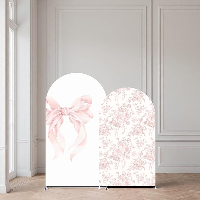 2Pcs Toile de Jouy Pink Bow and Floral Arch Backdrop Covers, Romantic French Style Spandex Arch Covers for Baby Shower, Girl Birthday, Wedding Party Decorations (7.2ft,6.6ft)