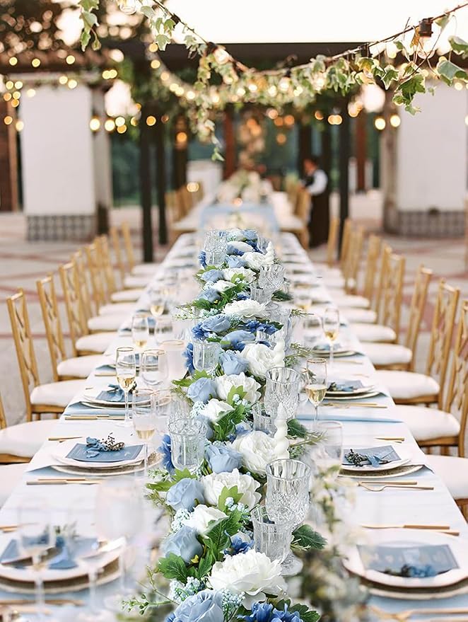 2 Pack Artificial Peony Flower Garland - 6ft Silk Peony Garland Flowers Vine Blue and White Peony Silk Flowers for Wedding Arch Party Table Decoration (Blue)