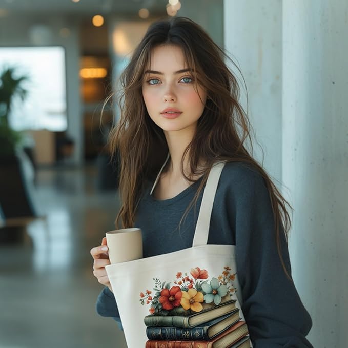 ANATTASOUL Canvas Tote Bag Flower Reusable Cotton Bag for Women, Durable Cloth Shoulder Bags with Zipper Pockets for Shopping, Vacation, Work, Gym