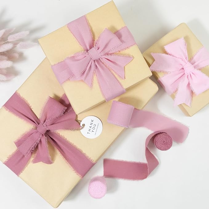Dusty Rose Pink Ribbon 1-1/2 x 15 Yards Handmade Cotton Frayed Fringe Fabric Ribbons for Crafts Flower Bouquets Wedding Baby Shower Home DIY Decor