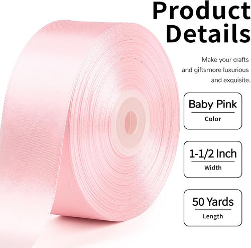 1-1/2 Inch Wide Baby Pink Satin Ribbon, 50 Yards Solid Polyester Fabric Ribbon for Roses Making, Gift Wrapping, Christmas, Wedding Decorations, Crafts, Bows, Flower Bouquets