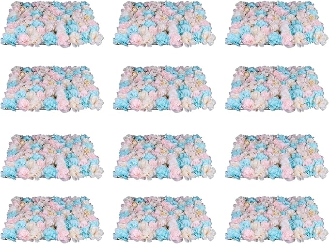 12Pcs 15.75" x 23.62x 0.79 Artificial Flower Wall Panels,Flower Wall Mat Silk Flower Panels for Outdoor Garden Backyard Fence Fence Privacy Screen and Indoor Wall Decor(12Pcs White+Pink+Light Blue)