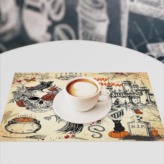 Halloween Placemats Vintage Rustic Farmhouse Gothic Dark Castle Halloween Witch Pumpkin Black Cat Raven Skull Moths Placemats Table Kitchen Dining Party 12x18 Inch Set of 4