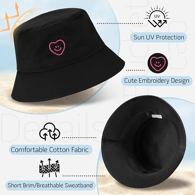 Fashion Embroidered Bucket Hat Cotton Summer Beach Sun Hat for Women Men Teen