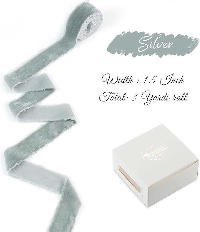 Silver Velvet Ribbon 1.5 inch Silver Frayed Velvet Raw Edge Ribbon for Christmas Wreaths, Tree Decoration, Flower Bouquet, Gift Wrapping, Bows Making -3 Yards