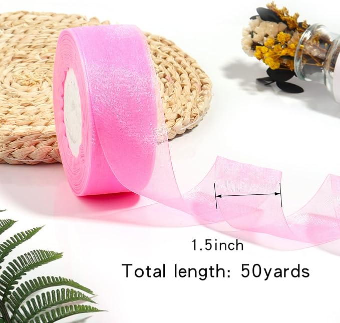 1.5 inch Sheer Organza Ribbon Pink Chiffon Ribbon for Gift Wrapping Christmas Halloween Decoration Wedding Bouquet Crafts 50 Yards