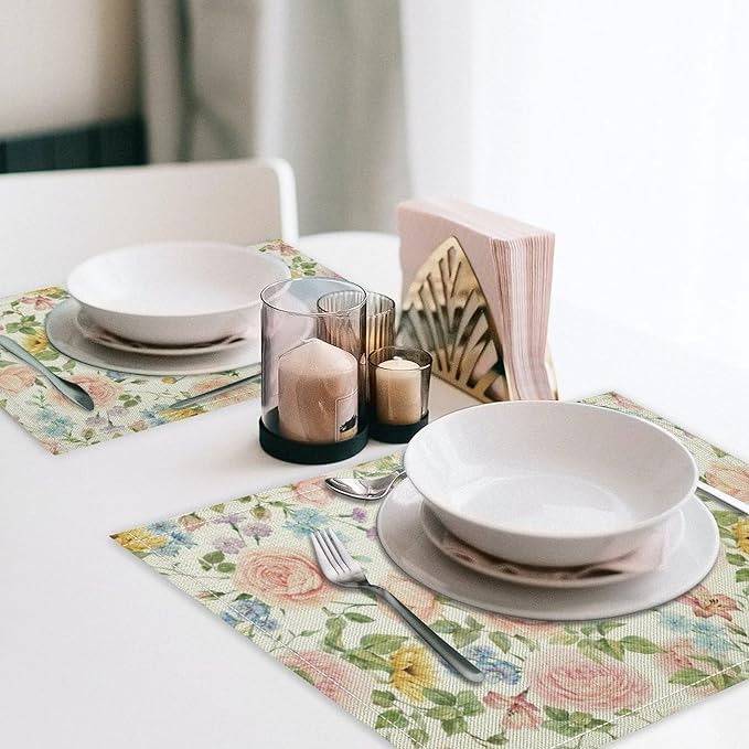 Colorful Floral Placemats Set of 8, 17x12 Inch Watercolor Spring Botanical Aesthetic Wildflower Nature Rustic Art Printed Table Mats for Home Party Kitchen Dining Decor