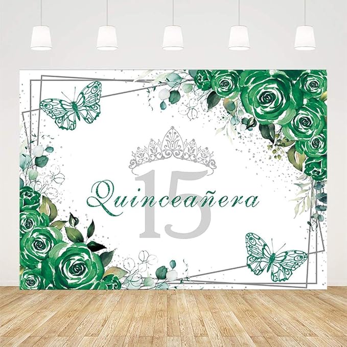 SENDY 8x6ft Quinceañera Backdrop Mis Quince 15 Anos Birthday Party Decorations Supplies for Girl Princess Green Floral Butterfly Silver Crown Photography Background Banner Photo Booth Studio Props