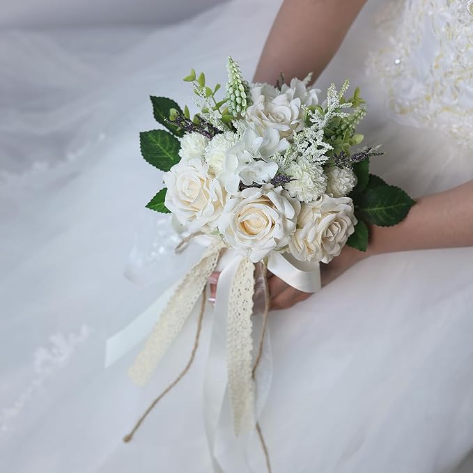 Wedding Bouquets for Bride Bridesmaid,White Champagne Artificial Roses Flowers for Wedding Church Decoration (7.5in)