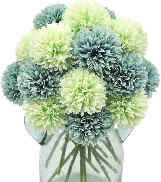 20Pcs Artificial Fake Flower Plants Silk Chrysanthemum Ball Hydrangea Arrangements Wedding Bouquets Decor Home Kitchen Garden Party Table Floral Centerpieces DIY (Blue&Green)