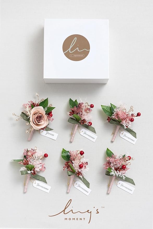 Ling's moment Boutonniere for Men, 6pcs Groom Groomsmen Boutonniere, Artificial Flowers for Wedding Decor/Prom/Homecoming, etc.Cinnamon Rose Pink