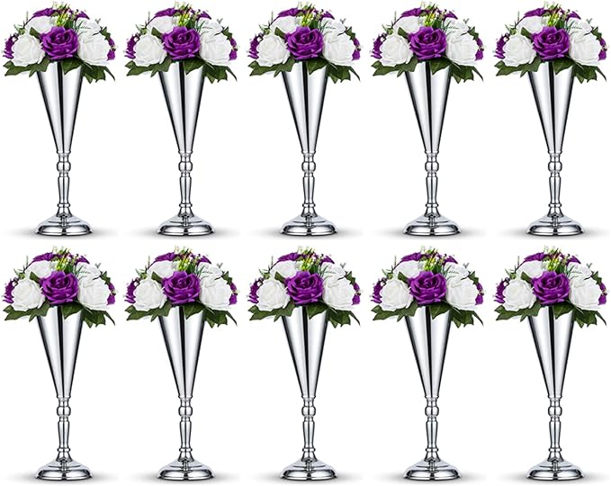 10 Pcs Tabletop Silver Metal Wedding Flower Trumpet Vase, 14 inch Table Decorative Centerpiece Artificial Flower Arrangements for Anniversary Ceremony Party Birthday Event Home Decoration (Silver)