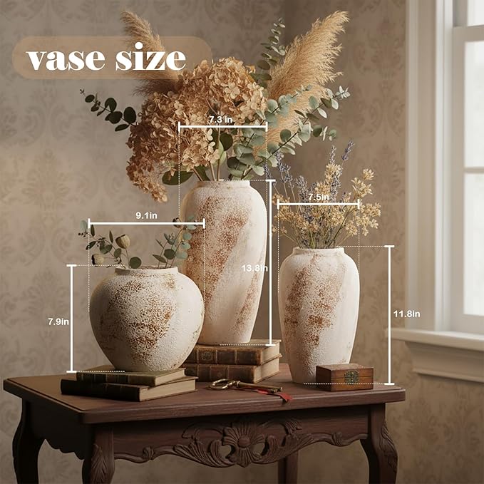 Vintage Ceramic Vase, Minimalist Texture Stone Patterned White Flower Vase, Decorative Vase for Living Room Shelf Farmhouse Dining Table Centerpiece Decor (Rustic 7.9'')