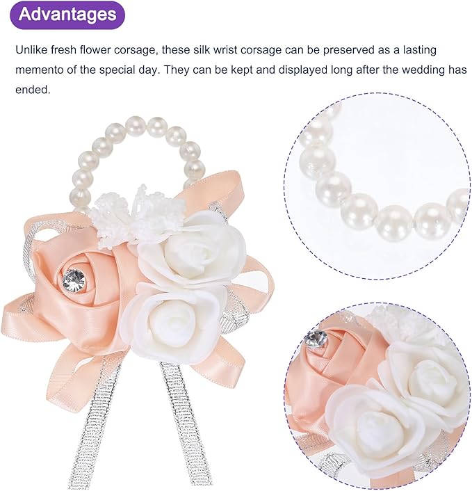 MECCANIXITY Wrist Corsage Artificial Flower Bracelets Rose Wrist Bride Groom Decorative for Wedding Ceremony Prom Party Anniversary Light Orange