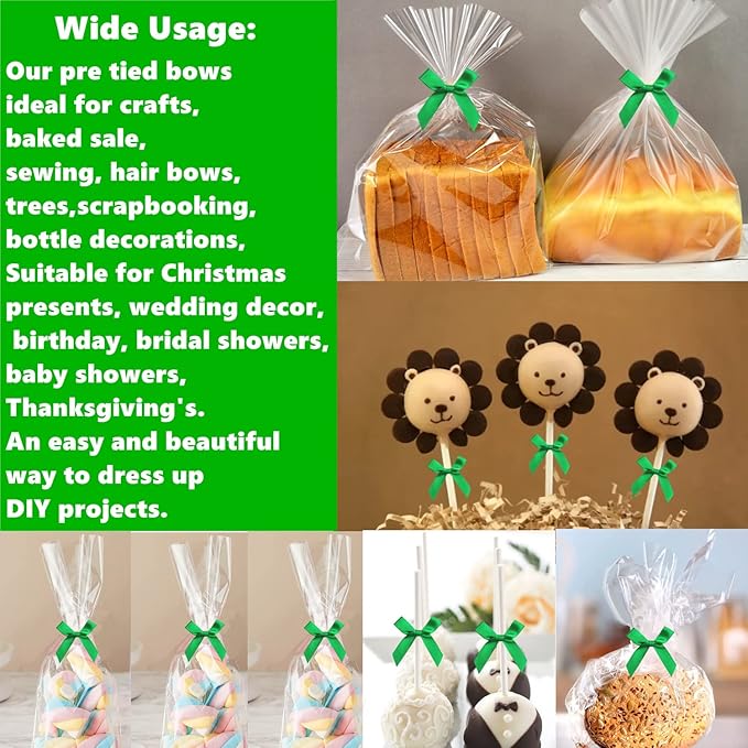 50 Pack Green Pretied Bows, 3" Satin Ribbon Twist Tie Bows for Treat Bags, Pre Tied Ribbon Bows Twist Tie for Crafts, Twist Bows Tied Bows with Wire for Gift Bags, Popcorn Bags, Candy Bags